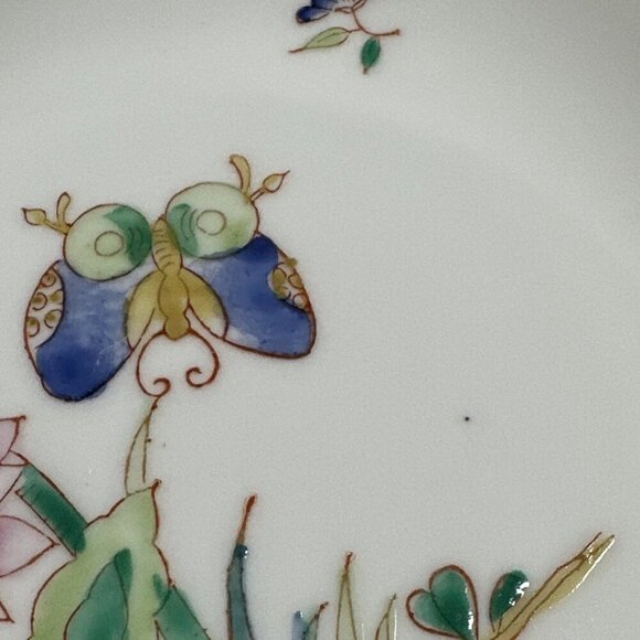 Vintage White Pink Butterfly Porcelain Brass Style Metal Trinket Bowl Hong Kong - Picture 7 of 14